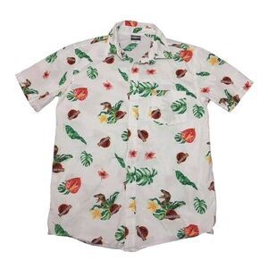 Jurassic World Men's Small Shirt Floral Dinosaurs White‎ Button Up Short Sleeve